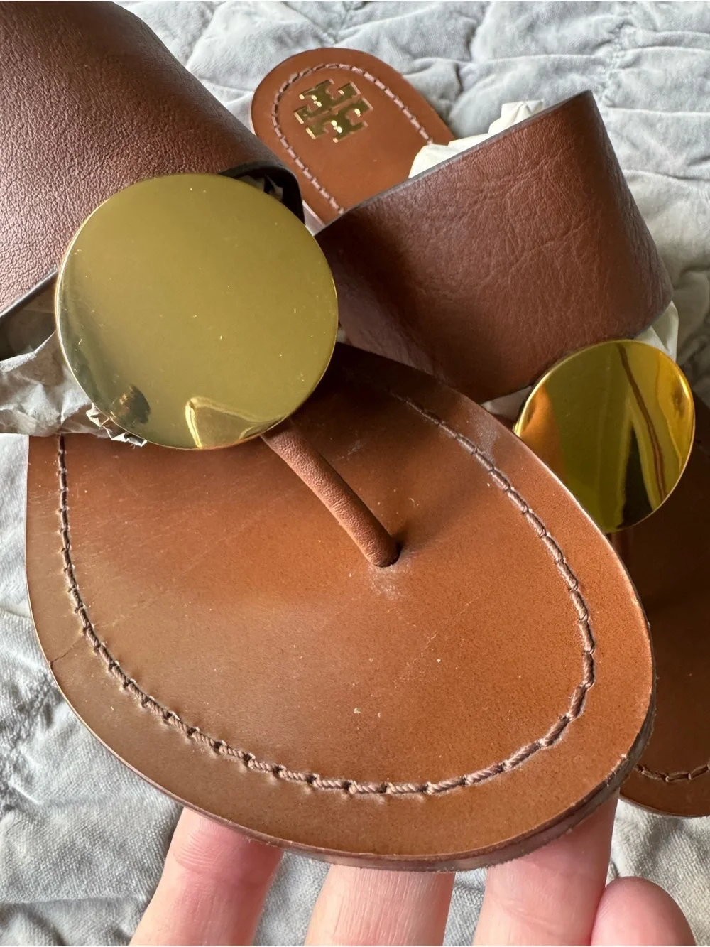 Tory Burch Brown Leather Toe-Post Sandals with Gold Disc